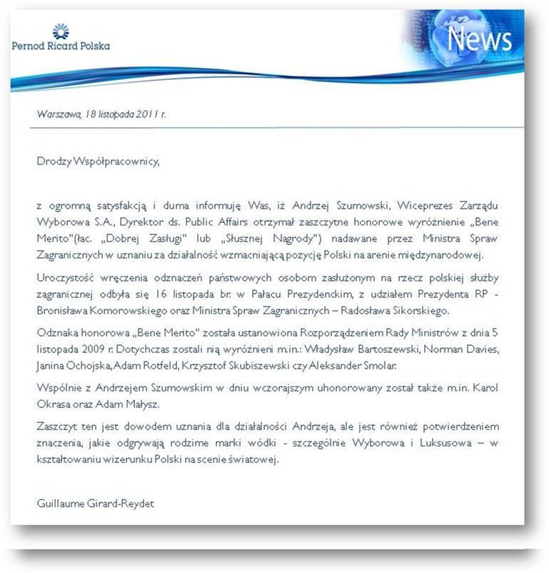 Zaszczytne Honorowe Wyróżnienie "Bene Merito" dla Wiceprezesa Andrzeja Szumowskiego